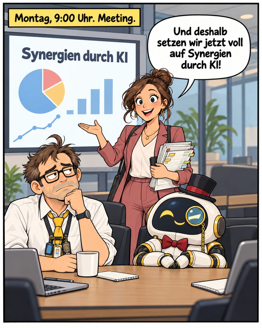 Montag, 9:00 Uhr, Meeting. Janine präsentiert eine Folie mit dem Titel Synergien durch KI und sagt: Und deshalb setzen wir jetzt voll auf Synergien durch KI. Tom stützt müde den Kopf auf die Hand, neben ihm sitzt der Roboter Hallu mit Zylinder und Monokel.