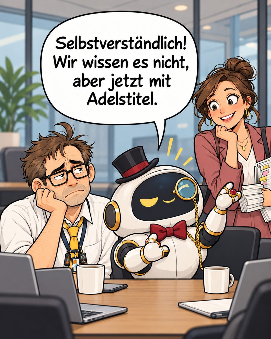 Hallu sagt: Selbstverständlich! Wir wissen es nicht, aber jetzt mit Adelstitel. Tom stützt genervt den Kopf auf, Janine schaut amüsiert.
